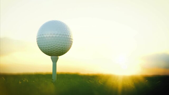Golf ball perched on a tee amid sunlit grass, warm horizon glow, tranquil early-morning scene early