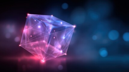 Abstract 3D rendered cube shape glowing with vibrant colors and intricate connections against a blurred background of blue and pink hues