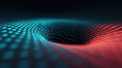 Abstract digital wave pattern with glowing blue and red dots creating depth and movement in a futuristic style, suitable for technology or design themes