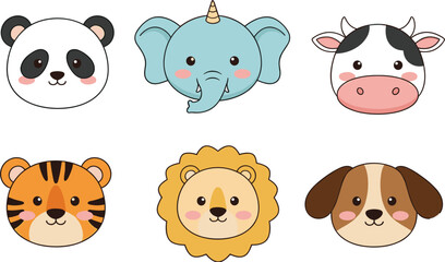 Cute animal face icons collection with panda elephant cow tiger lion and dog, kawaii cartoon vector set isolated © Sumon Creative