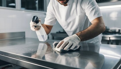 Restaurant kitchen hygiene staff cleaning stainless steel surfaces for sanitation