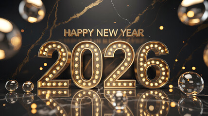 Happy New Year 2026 illuminated golden numbers on a dark reflective background with festive bokeh lights and clear spheres.