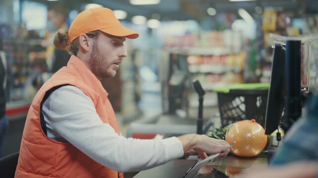 Cashier scans pumpkin at register, Supermarket cashier carefully scans item while customers shop in background