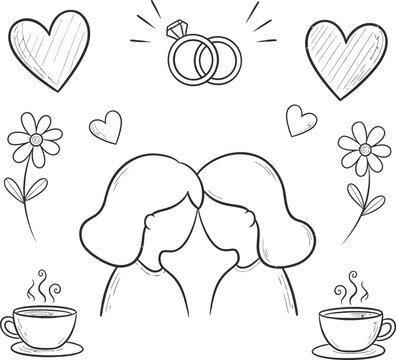 Line art illustration depicting a loving same-sex couple surrounded by hearts and rings