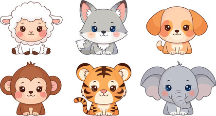 Cute baby animal characters collection with sheep wolf dog monkey tiger and elephant, kawaii cartoon vector illustration set © Sumon Creative