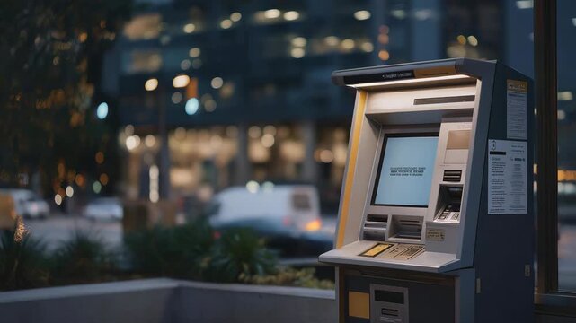 A parking structure kiosk processing digital payments, bright LED interface guiding drivers through license plate entry and receipt options &mdash; urban infrastructure technology, smart parking systems,