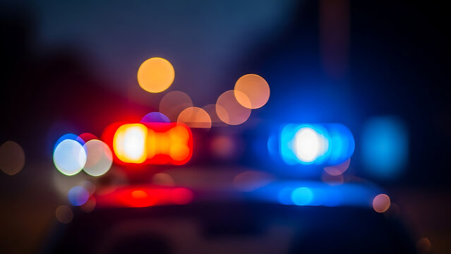 Blurred police lights in the dark blue