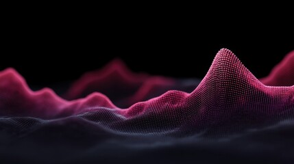 Abstract digital landscape with flowing waves of red and pink particles against a dark background showcasing depth and texture in a mesmerizing visual display