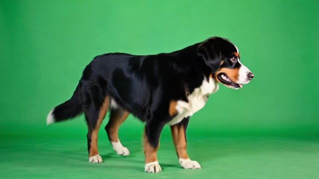 Bernese Mountain Dog standing on green background looking directly at camera