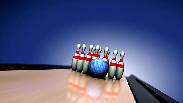 Low-angle view of a vibrant blue bowling ball rolling toward a row of pins on polished lanes, ahead