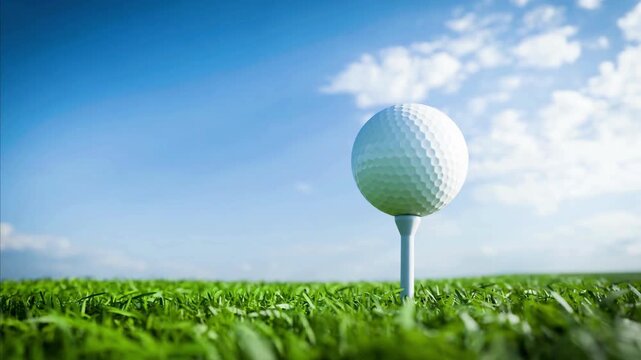 A solitary golf ball perched on a tee, framed by green grass and a bright blue sky, serene. morning