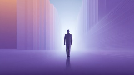 Obraz premium Silhouette of a Businessman Walking Towards a Bright Future Surrounded by Colorful Vertical Shapes and Soft Light Effects in a Digital Environment