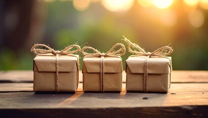 Three wrapped gifts on a wooden surface at sunset