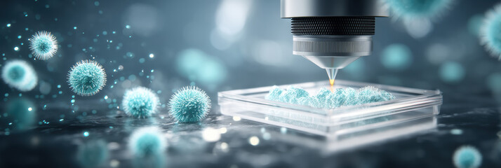 Innovative biotechnology science research with blue microscope lens analyzing cell