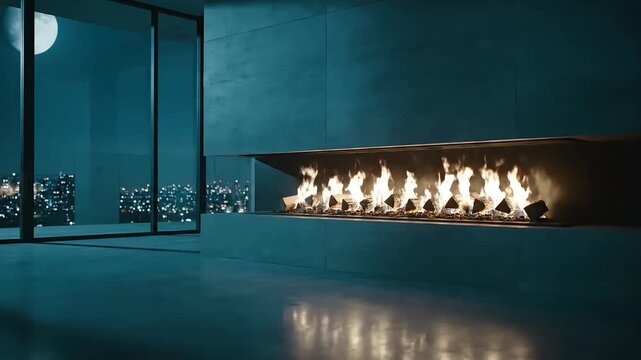Modern architectural interior with a long, linear fireplace casting warm light, creating a serene and luxurious ambiance in a contemporary living area