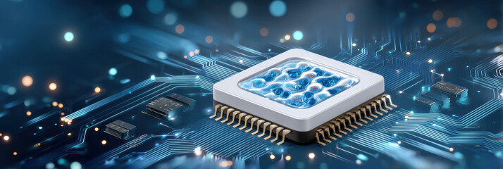 Futuristic biotechnology cpu with glowing molecule concept on digital circuit board