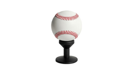Regulation white baseball with red stitching resting on a black batting tee post, ideal training aid for youth and adult hitters to practice swing mechanics, power and contact consistency

