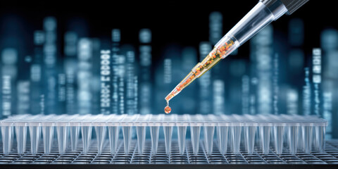 Scientific pipette dropping sample for biotechnology data analysis