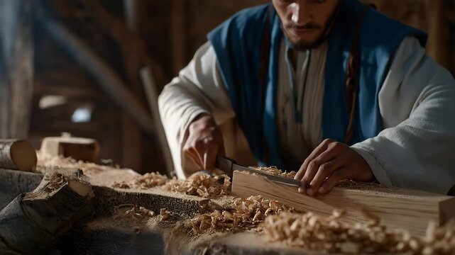 A craftsman carving intricate patterns into wood using time-worn tools, shavings curling to the floor in an old workshop &mdash; woodworking tradition, handmade artistry, and cultural craftsmanship.