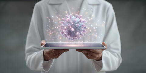 Scientist analyzing futuristic biotechnology virus hologram on tablet