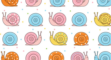 Cute colorful snail seamless pattern with polka dot shells, playful kawaii cartoon animal background vector illustration © Sumon Creative