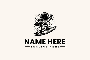 A black and white illustration of an astronaut surfing on a wave with stars, accompanied by placeholder text for a name and tagline on a clean background.