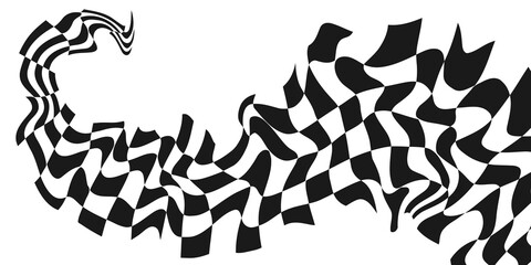Abstract Checkerboard Background, Distorted, Wavy Psychedelic Chessboard Shape, Monochrome, Minimalism, Aesthetic, Groovy Poster, Vintage