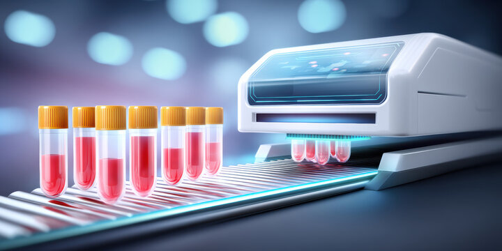 Automated biotechnology machine analyzes blood samples sterile laboratory for medical research - Powered by Adobe