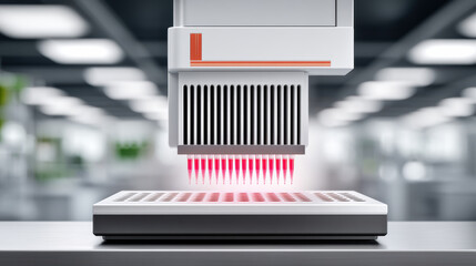 Futuristic biotechnology automation robot working in science laboratory with precise red laser