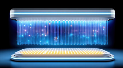 Futuristic biotechnology scanner glowing blue light implies modern innovation