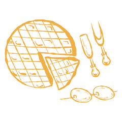 Cheese, utensils and olives, serving icons. Cheese fork and olive, charcuterie tools. Utensils for cheese, appetizer accessories