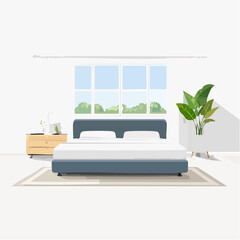 Serene Bedroom Interior With Large Window Showing Greenery And Sunlight Streaming Onto A Modern Bed And Nightstand With Plant Decor