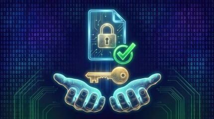 Cyber security concept with glowing padlock key and digital hands against binary code cybersecurity data protection