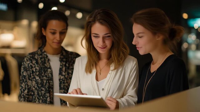 A retail associate assisting customers at a minimalist checkout booth in a boutique store, tablet-based POS system glowing as products are scanned &mdash; seamless retail experience, modern payment