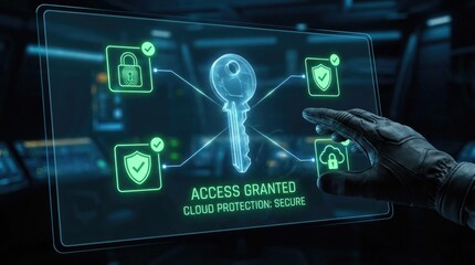 Futuristic digital security interface with glowing key and icons technology