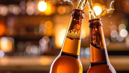 Beer bottles clinking creating splash celebrating party