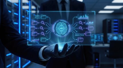 Hand holding a holographic AI smart document management system with data and analytics artificial intelligence