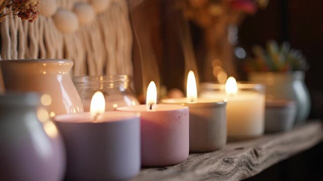 Array of small scented candles with gentle flames casting a warm, cozy ambiance on a rustic wooden shelf.