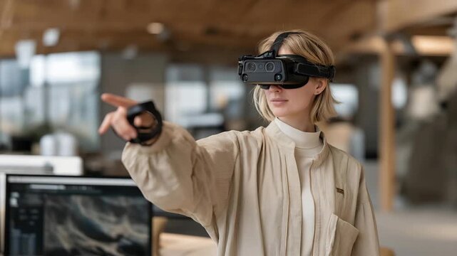 A virtual reality game tester wearing a headset and motion trackers, navigating a digital world as developers watch feedback metrics &mdash; VR performance testing, immersive UX evaluation, and gaming