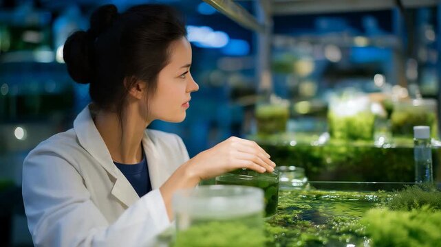 A scientist examining bright green algae swirling inside illuminated bioreactors, analyzing lipid density for next-generation biofuel production &mdash; renewable energy research, algae-based fuel