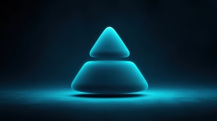 Abstract glowing geometric shapes stacked on a dark background, featuring triangular and rounded forms illuminated in blue light