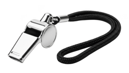 Shiny silver metal referee whistle attached to black woven lanyard, classic loud signaling tool for coaches, PE teachers, lifeguards, dog training, safety alerts and sports officiating

