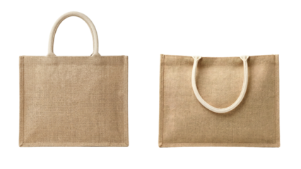 eco friendly jute shopping bags isolated on transparent background, reusable burlap sack