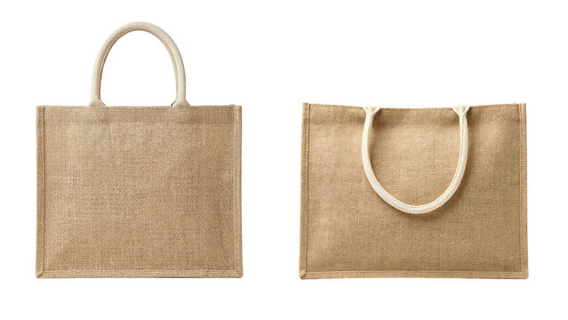 eco friendly jute shopping bags isolated on transparent background, reusable burlap sack