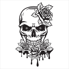 Skull With Roses And Ink Dripping Below
