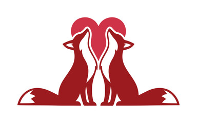 Two red foxes forming heart shape with tails