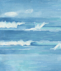 Blue background with sea and sky. Hand-drawn pastel drawing.