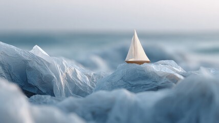 ocean made of crumpled plastic texture, tiny boat sailing on it, surreal metaphor for pollution