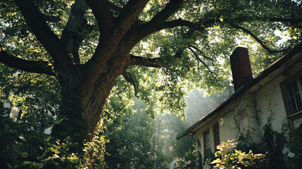 peaceful home environment featuring large tree green leaves natural shade and sunlight creating serene outdoor living scene