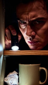 Suspicious man holding flashlight peering into dark shelf with mug during power outage or investigation, close up of face.